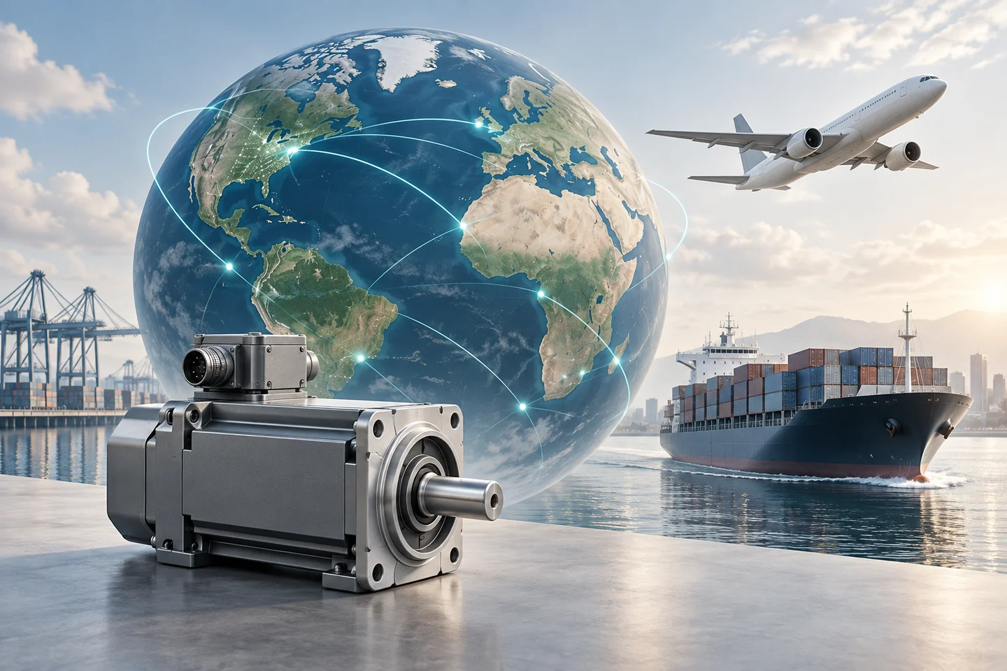 Globe, cargo transport and industrial motor illustrating worldwide supply