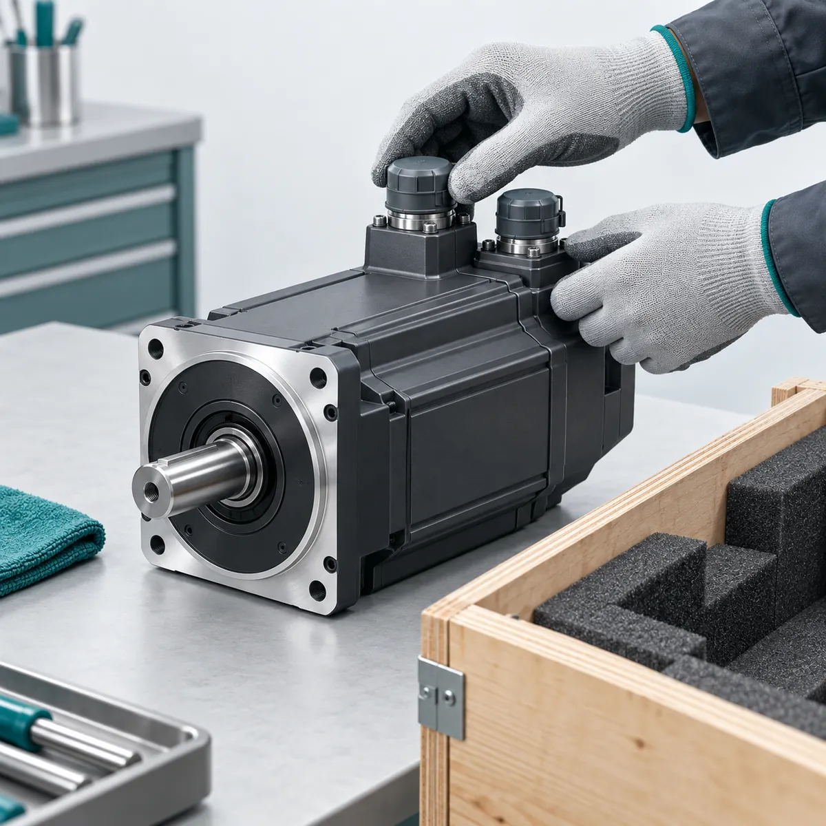 Illustration of a motor visual check and protective packaging