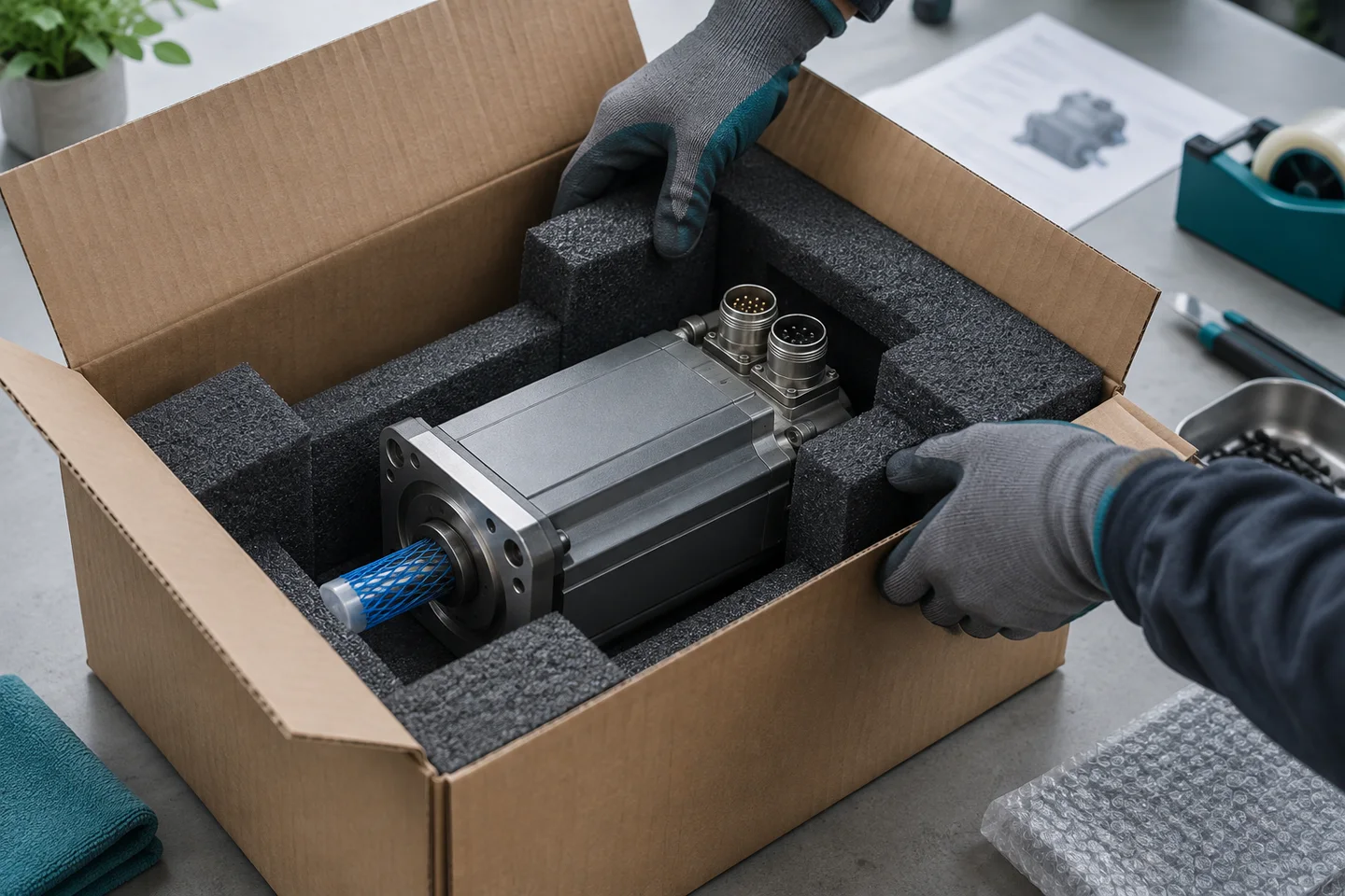 Illustration of protective packing around an industrial motor