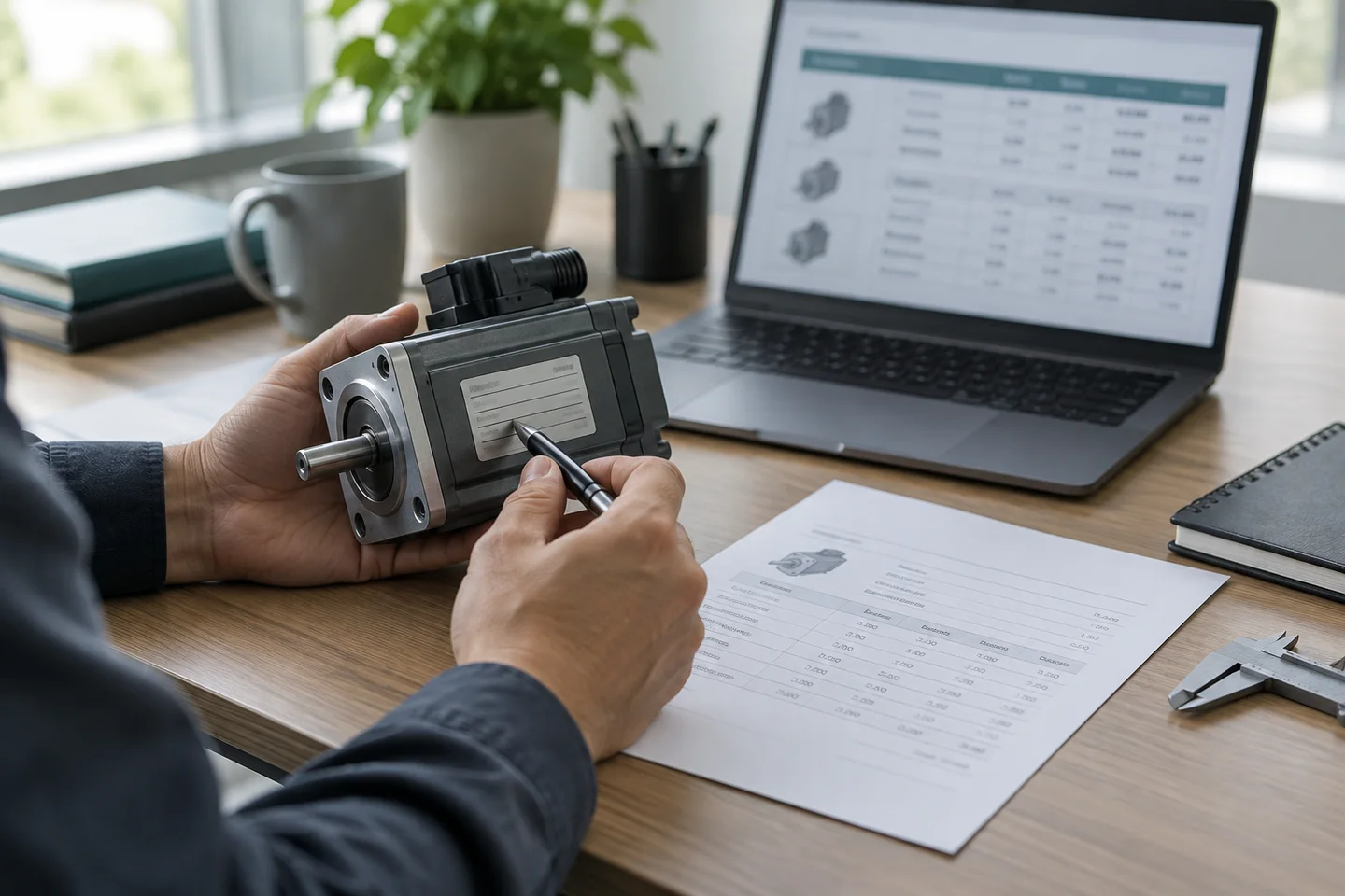 Illustration of a motor reference and quotation being reviewed at a desk