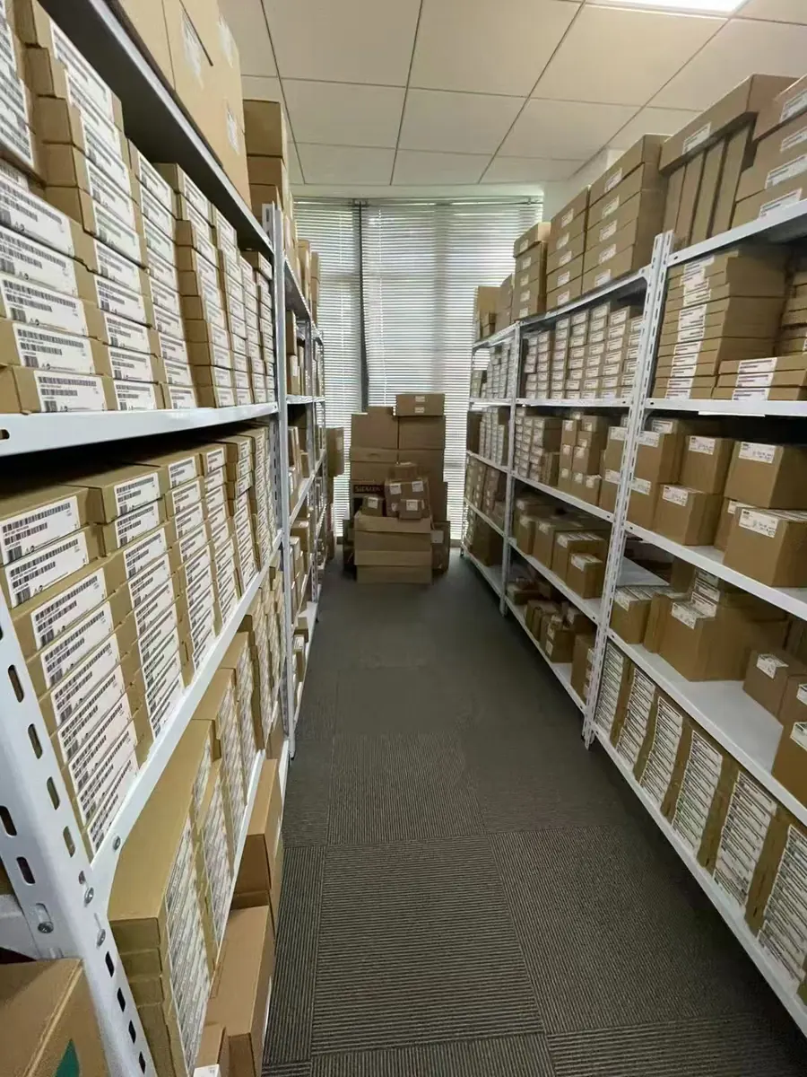 Warehouse aisle with boxed industrial components